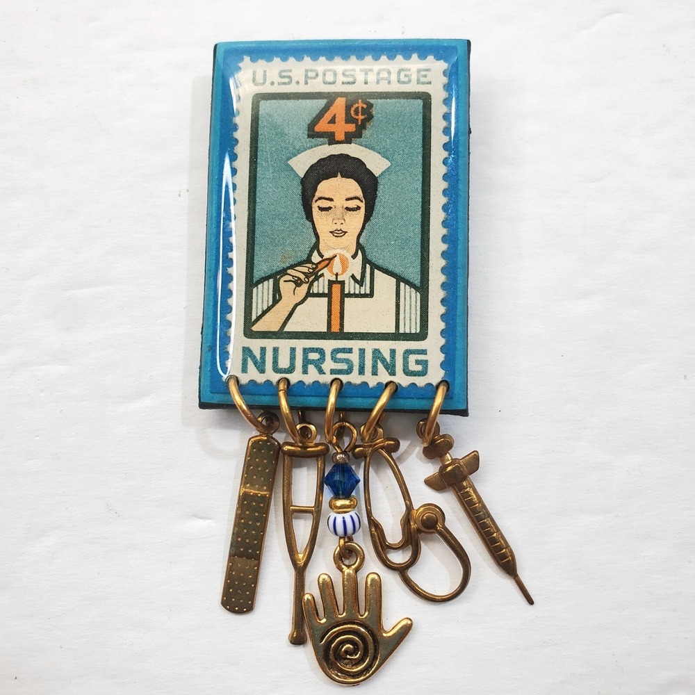 Vintage USPS Resin Metal Nursing Postage Stamp Brooch Pin with Dangle Charms